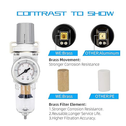 NANPU 1/4" NPT Compressed Air Filter Regulator Combo Piggyback, 5 Micron Brass - Image 5