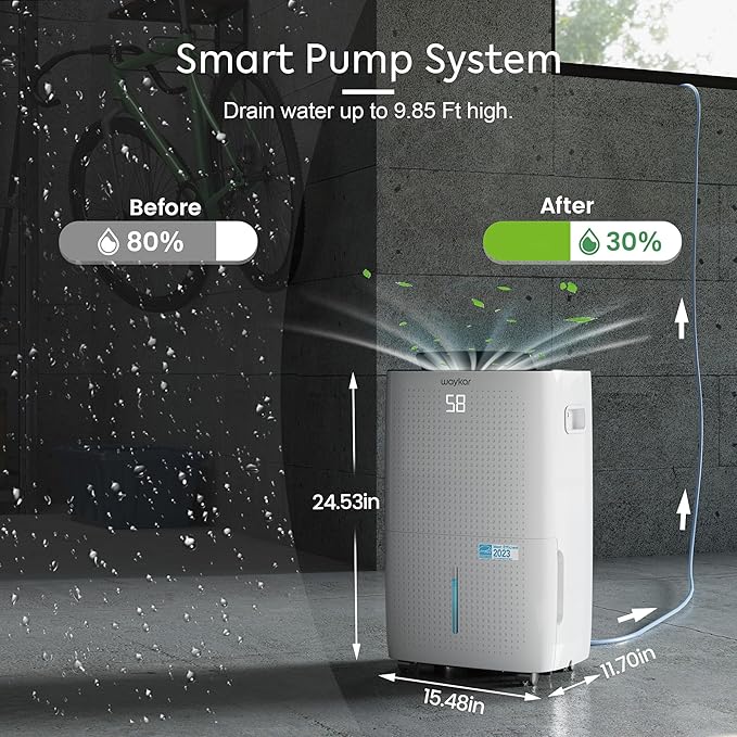 Waykar 150 Pints 7,000 Sq. Ft Energy Star Dehumidifier with Pump for Commercial and Industrial Large Room, Basement, Home, Storage, Warehouse with Drain Hose and Water Tank