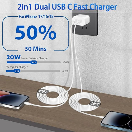2Pack iPhone 17 16 Charger,Dual Port Fast Wall Charger Block with 10FT USB C to C Cable Cord Chargers Fast Charging for iPhone 17/17 Pro Max/17 Pro/iPhone Air/16Pro Max/16 Plus/15 Pro Max/15Pro/iPad
