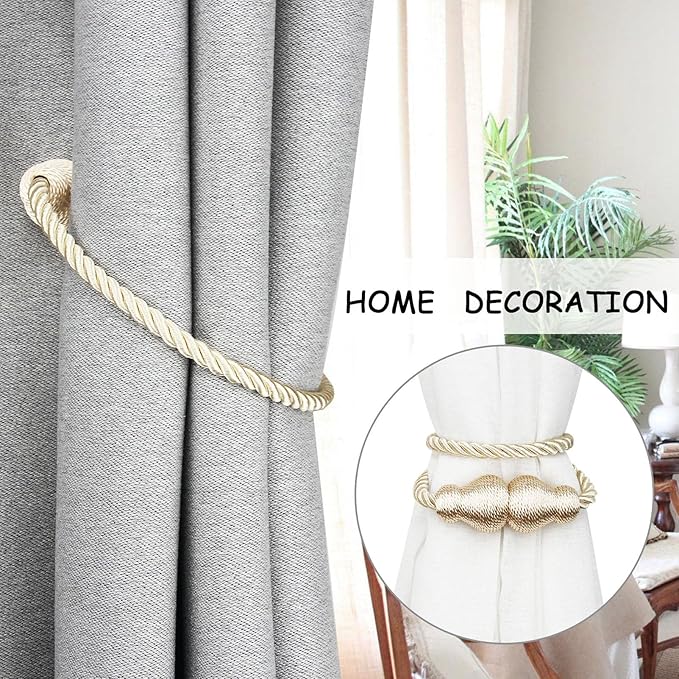 Nieffeiy Magnetic Curtain Tiebacks Outdoor Curtain Tie Backs Rope Decorative Magnetic Curtain Holders for Drapes Window Treatment Holdbacks, Beige 2Pack