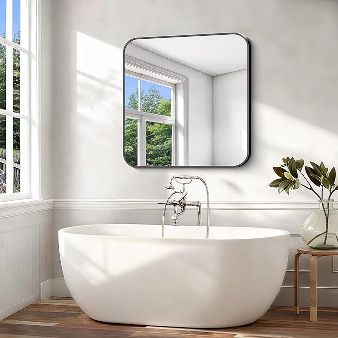 Black Bathroom Mirror, 38x40 inch Aluminum Metal Frame Rectangular Vanity Mirror, Large Wall Mounted Rectangle Mirrors with Rounded Corner for Over Sink Bedroom Living Room Horizontal/Vertical