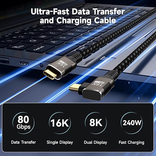 USBC right angle Cable 6.6FT Compatible With Thunderbolt 5/4,90 degree Type C 240W Fast Charging,USB C 16K@60Hz/8K@120Hz HD Video Output for Display,USB 5/4 Cable 80Gbps Data Transfer for SSD/Dock.