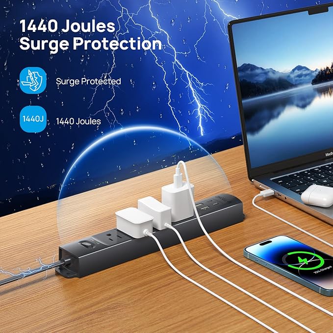 TROND 15ft Long Extension Cord with 2 USB C, ETL Listed, Ultra-Thin Flat Plug Power Strip, Slim Surge Protector, 4 Outlets 4 USB Ports, Wall Mount, Office Accessories Dorm Room Essentials, Black