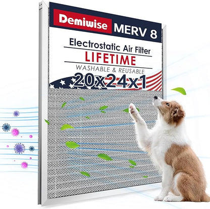 20x24x1 Electrostatic Air Filter, MERV 8 Washable & Reusable Aluminum AC/HVAC by Demiwise