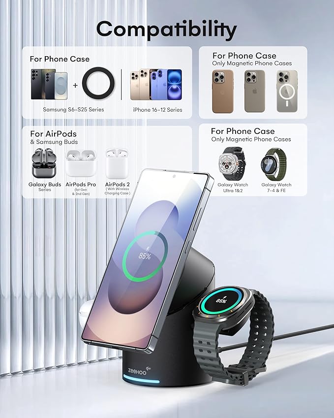ZEEHOO 3 in 1 Charging Station for Samsung, Wireless Charger Stand, Qi2 15W Fast Charging for Samsung Galaxy S24 Ultra/S23 Ultra/S22/S21, Galaxy Watch Ultra/7/6/5, Galaxy Buds 2/2 Pro (Black)