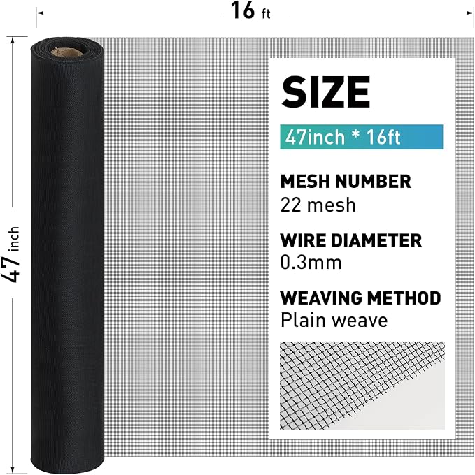 304 Stainless Steel Mesh Window Screen Roll, 47IN x 16FT Black Metal Window - Image 3