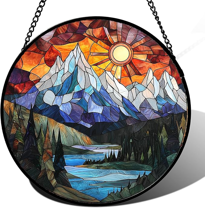 AMDERVEN Stained Glass Window Hanging - Colorful Mountain Lake Landscape Sun Catcher for Door Garden Home Decor Suncatcher Christmas Mother's Day Birthday Gifts for Women Men Mom Nana 9.8 in