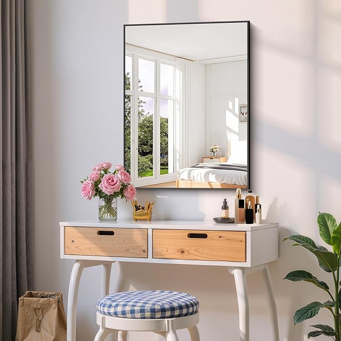 Black Bathroom Mirror for Wall, 24x32 Inch Rectangle Mirror with Metal Frame, Modern Vanity Mirrors for Bathroom Living Room, Entryway Hangs Horizontal or Vertical