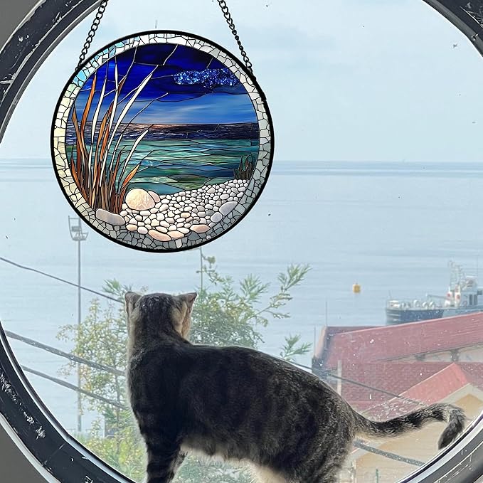 AMDERVEN Stained Glass Window Hanging 4 Pcs Set Navy Blue Ocean Landscape Large 15" - Suncatcher Door Garden Sun Catcher Decor Birthday Mother's Day for Mom Woman Nana Girl Boy Friend