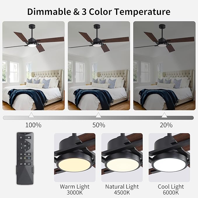 WINGBO 54 Inch Ceiling Fan with Light and Remote, 4 Plywood Blades, 6-Speed Reversible DC Motor, Dimmable, 3CCT, Farmhouse Ceiling Fan for Bedroom Living Room Kitchen, Black and Walnut/Shadowed Walnut