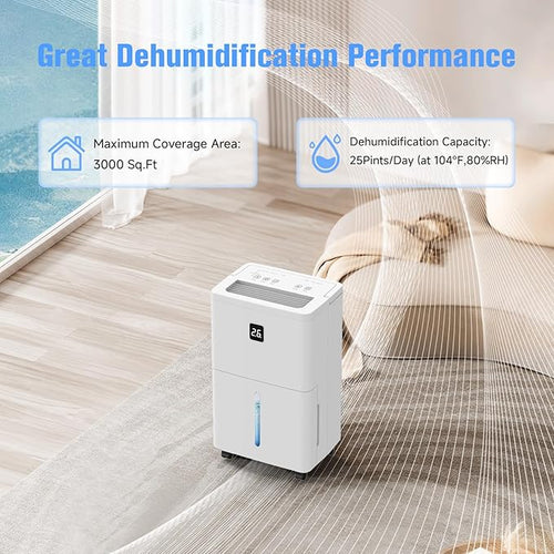 25 Pint Dehumidifier for Basement, Up to 3000 Sq.Ft, Quiet Dehumidifier with Drain Hose, Humidity Control, 24H Timer, Ideal for Bedroom, Bathroom, Room