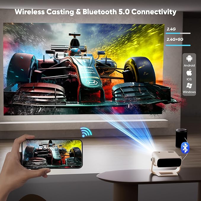 Wielio Smart Projector with WiFi 6 and Bluetooth - 4K Support 350Ansi Portable Bedroom Mini Projector Native 1080P , 2026 New Auto Keystone & Zoom Home Theater Cinema Movie Proyector, 120° Stand