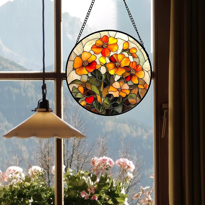 CRISGIF Stained Glass Window Hanging - Orange Marigolds Flowers Suncatcher for Door Garden Yard Sun Catchers Decor Christmas Mother's Day Birthday Gifts for Women Mom Nana Girlfriend Men 15 in