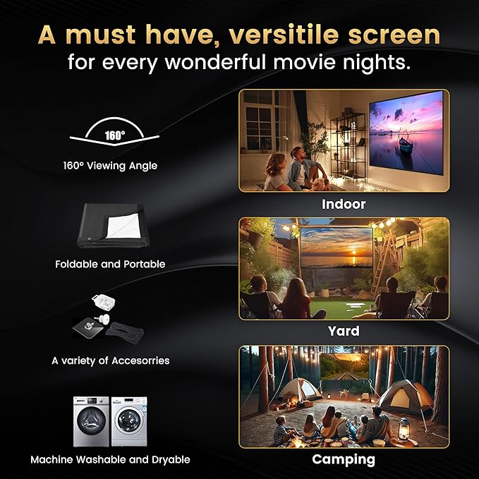 2025 Upgraded Portable Projector Screen - Black Backing, Straight Edges, Foldable, Washable and Wrinkle-Free - for Indoor Home Theater and Outdoor Cinema - 72 inch White 16:9 by IOLIEO