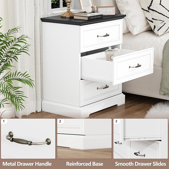 Nightstand with 3 Large Drawers,24" Wide End Table with Metal Handles,Rustic Farmhouse Wood Small Dresser,Bedside Table,Modern Chest of Drawers for Bedroom,Living Room,White