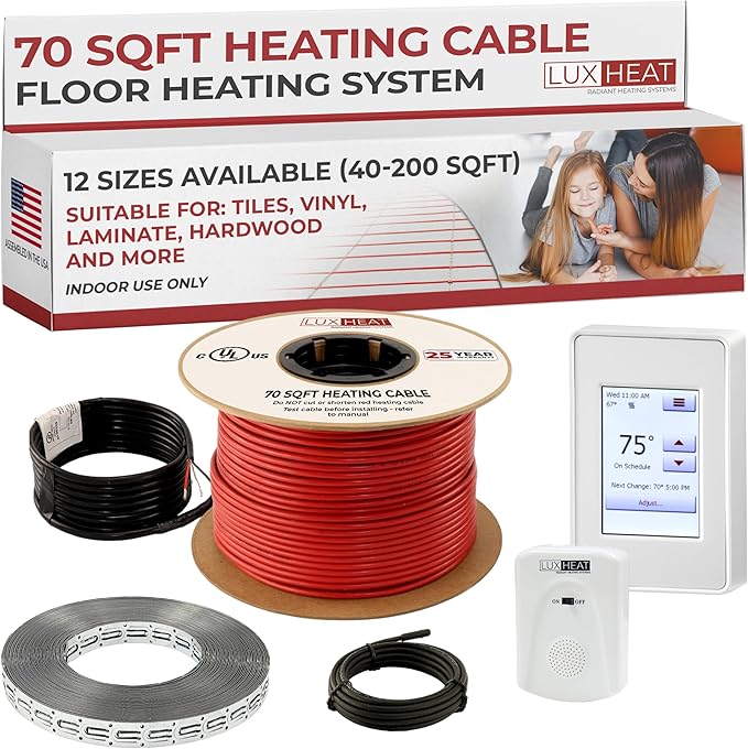 LuxHeat 70sqft Floor Heating Cable Kit - 240v In Floor Electric Heater Kit - Heated Flooring System Includes UDG4 Programmable Thermostat w/GFCI, Heating Cable, Strapping, Flooring Sensor & Alarm