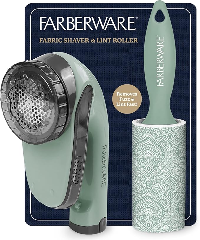 Farberware Large Lint Remover & Fabric Shaver Set – Battery Powered Sweater Shaver with Triple Blades and Extra Sticky Roller for Pet Hair, Fuzz & Pilling on Clothes & Furniture