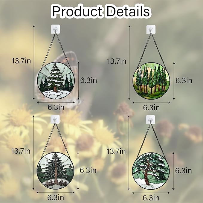 AMDERVEN Stained Glass Window Hanging 4 Pcs Set Forest Green Trees Winter Snow 6.3" - Suncatcher Door Garden Sun Catcher Home Decor Birthday Mother's Day for Woman Nana Mom Men