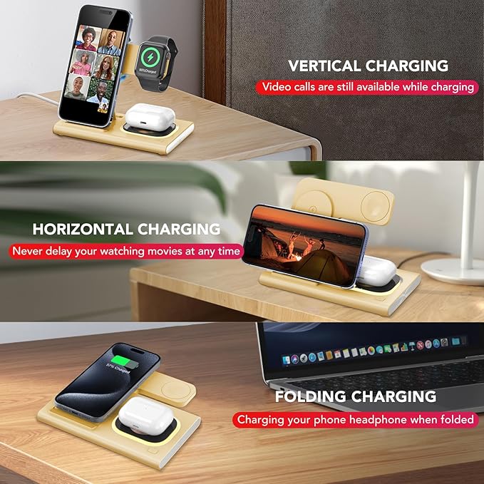 3 in 1 Charging Station for iPhone 17 - Wireless Charger for Apple Products for iPhone 17 16 15 14 13 12 11 Pro Max - Foldable Wireless Charging Station Dock Stand for iWatch Series & AirPods(Beige)
