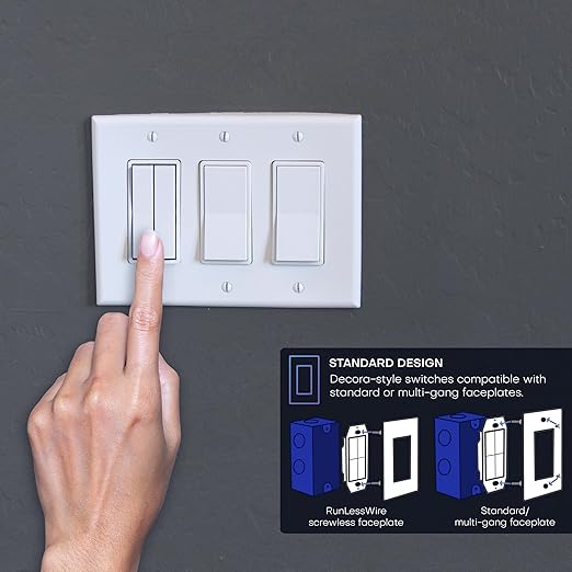 RunLessWire 3-Way Fan & Light Battery-Free DIY Kinetic Wireless Light Switch Kit for Bathrooms & Ceiling Fans: 2 Dual Remote Switches, Both Control 2 5A On/Off Receivers Separately – Ivory