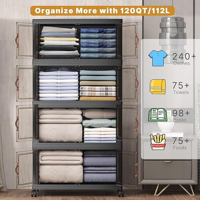 Extra Large Stackable Storage Bins with Lids & Wheels, 220QT-55QT/14GAL*4Pack Foldable Collapsible Closet Organizers Dark Storage Cabinet with Doors for Bedroom Dorm
