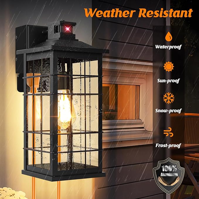 18inch Large Size Motion Sensor Porch Light with GFCI Outlets, Dusk to Dawn Black Outdoor Wall Light Fixture, 3 Modes Exterior Lighting Fixture Waterproof Outside Wall Lantern Sconce for House, 1-Pack