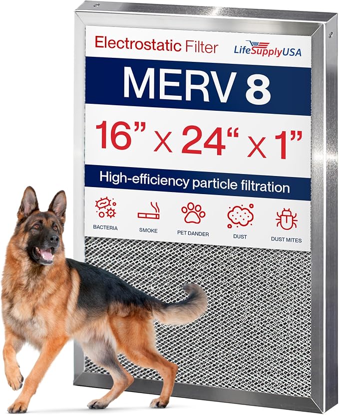 16x24x1 Electrostatic Air Filter, MERV 8, Reusable Furnace AC/HVAC Filter by LifeSupplyUSA