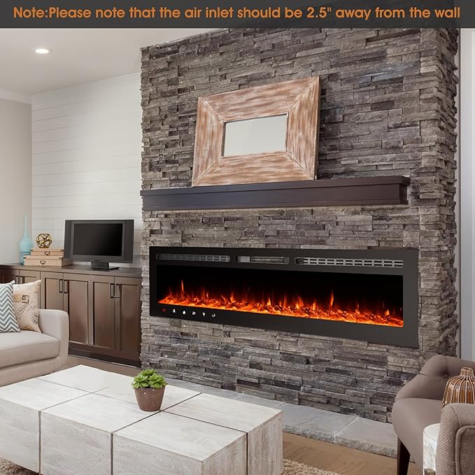 70 inch Ultra-Thin Electric Fireplace Recessed and Wall Mounted with Touch Screen Control Panel/Remote Control- Timer,Realistic 5 Flame - Log & Crystal Hearth Options
