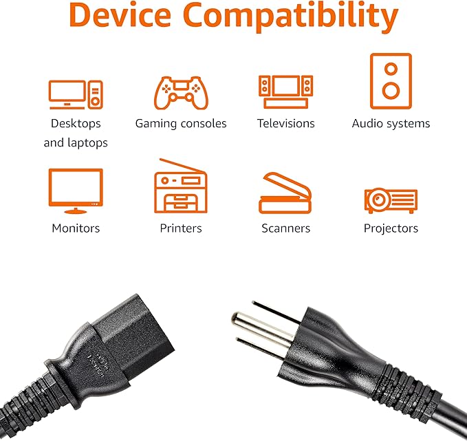 Amazon Basics PC Power Cord, 15 feet, AC Power Cord for Monitor, Computer, TV, 3 Prong, 18 AWG, 125 Volts, Black