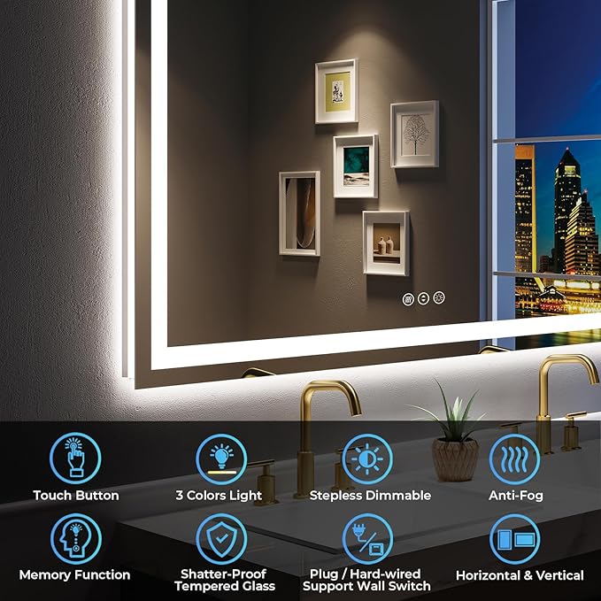 YEELAIT 72x36 Inch LED Bathroom Mirror with Lights Front and Backlit Lighted Vanity Mirror for Bathroom Wall with 3 Colors Dimmable Anti-Fog Memory Shatter-Proof IP54 Waterproof Horizontal/Vertical