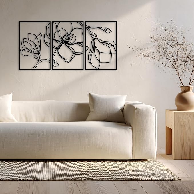 Wita Home Poppy Flower Metal Wall Art, 3-Panel Botanical Line Design, Modern Floral Wall Decor for Living Room, Bedroom, Office, Indoor & Outdoor Display (24×12 inches)