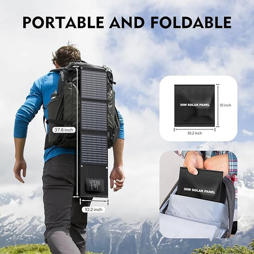30W Solar Charger,Solar Panel USB for Camping, Hiking, and Outdoor Activities, Compact and Lightweight, IPX4 Waterproof, Charging Multiple Devices with Double Fast Charging Ports