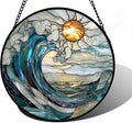 DASTOLL Stained Glass Window Hanging, Blue and White Waves Suncatcher Diamond Glass Panel Landscape Sun Catchers Decor for Birthday for Women, Men, Wife, Aunt, and Mom 7.8 in