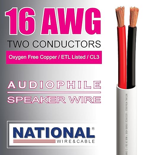 NATIONAL Wire&Cable - 16/2 Audiophile Speaker Wire (1000 Feet) 16AWG Gauge - Made in USA - in Wall Audio Speaker Wire Cable/CL Rated/ETL Listed / 2 Conductors - Oxygen-Free Copper, White 1000ft