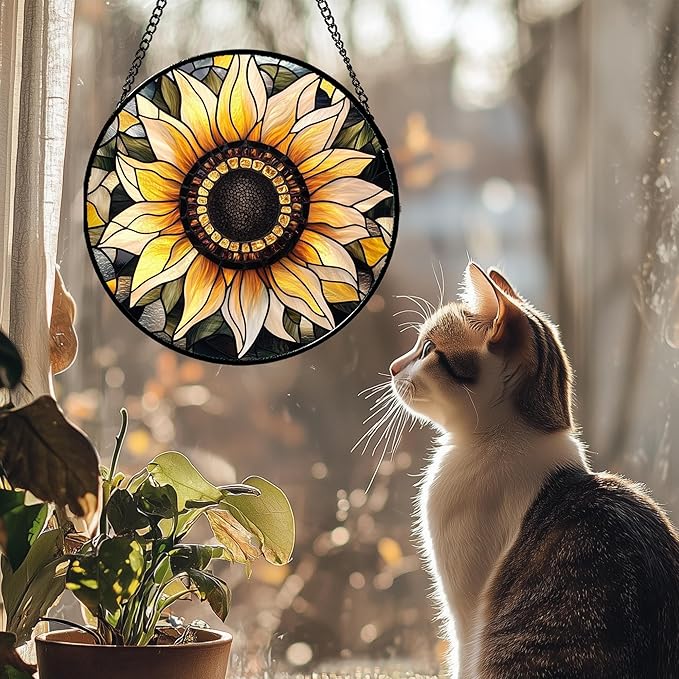CRISGIF Stained Glass Window Hanging - Sunflower Suncatcher for Door Garden Patio Retro Flower Sun Catchers Decor Christmas Mother's Day Birthday Gifts for Women Mom Nana Friend Wife 6.3 in