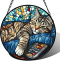 DASTOLL Stained Glass Window Hanging Gray Cat and Remote Control Large 11.8" - Suncatcher Door Garden Kitchen Sun Catcher Home Decor Birthday for Lost Pets Mom Men Woman Friend Grandma
