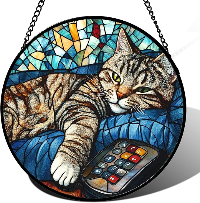 DASTOLL Stained Glass Window Hanging Gray Cat and Remote Control 6.3" - Suncatcher Door Garden Kitchen Sun Catcher Home Decor Birthday for Lost Pets Mom Men Woman Friend Grandma