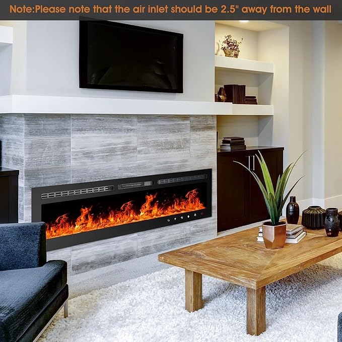 90 inch Ultra-Thin Electric Fireplace Recessed and Wall Mounted with Touch Screen Control Panel/Remote Control/App Control - Timer,Realistic 5 Flame - Crystal