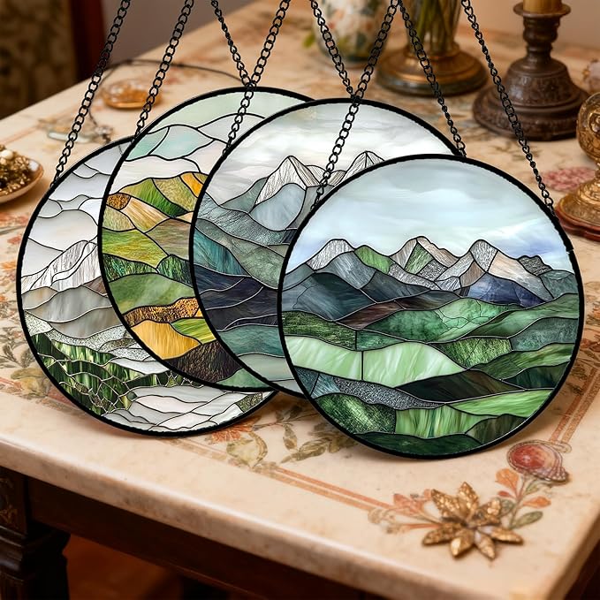 AMDERVEN Stained Glass Window Hanging 4 Pcs Set Mountain River Landscape Large 15" - Suncatcher Door Garden Sun Catcher Decor Birthday Mother's Day for Mom Woman Nana Girl Boy Friend