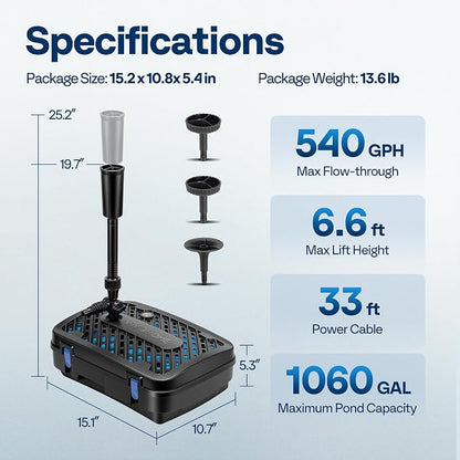 VIVOHOME All-in-One Pond Filter Fountain System Kits, 540 GPH Submersible Water - Image 7