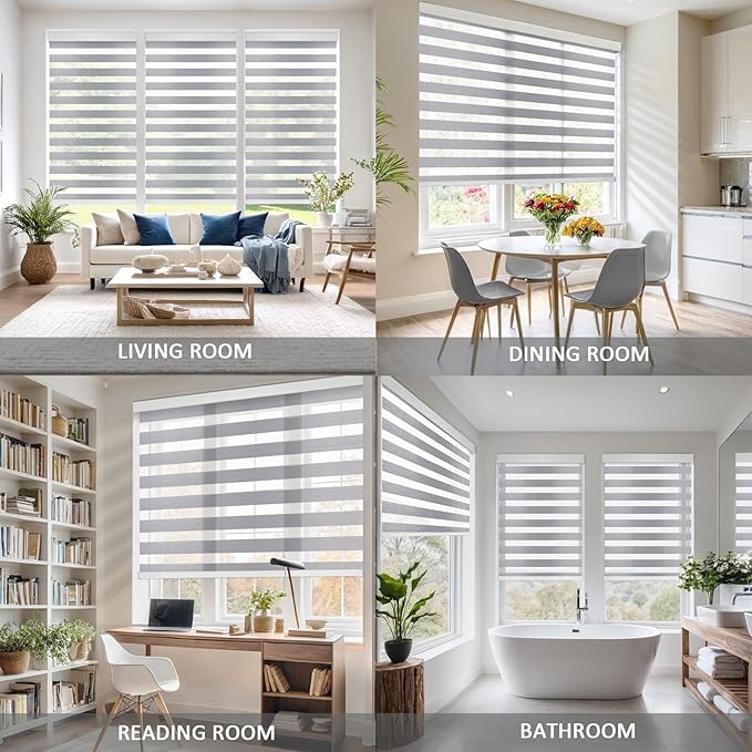 COOLWINDS Motorized Zebra Blinds for Windows Cordless Electric Curtains with Remote Control Blackout Shades Custom Smart Blinds Compatible with Alexa Google Home(Light Filtering Grey,W44 X 72in)