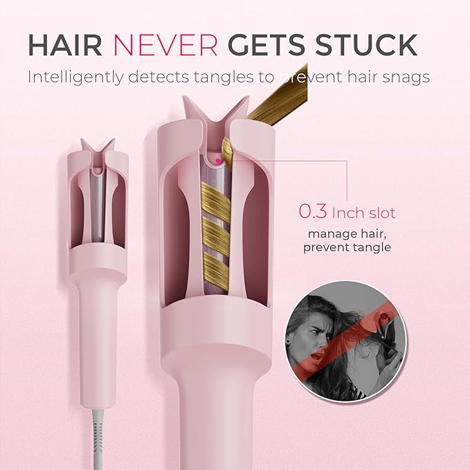 TYMO Automatic Rotating Curling Iron - TYMO CURLPRO Beach Waves Curling Wand, Portable Hair Curler, 500 Million Ionic, Dual Voltage & Lightweight for Travel, Ceramic Coating, 1 Inch, Pink