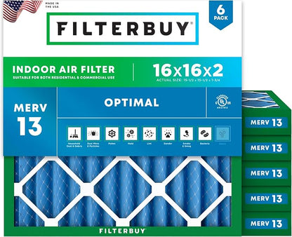 Filterbuy 16x16x2 Air Filter MERV 13 Optimal Smoke & Allergy Defense, by Filterbuy