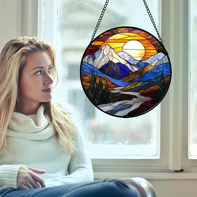 AMDERVEN Stained Glass Window Hanging, Yellow Blue Sunset Mountains Scenery Sun Catcher for Window Home Decor Landscape Suncatcher Mother's Day Birthday Gifts for Women Men Mom and Nana 15 in