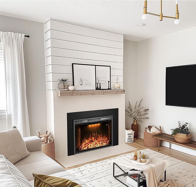 Velaychimny 44.5" W x 32" H Electric Fireplace Insert with Metal Trim Kit, Adjustable Flame, Fire Crackling Sound, Top Light Colors, Timer, Glass Door & Mesh Screen, Black