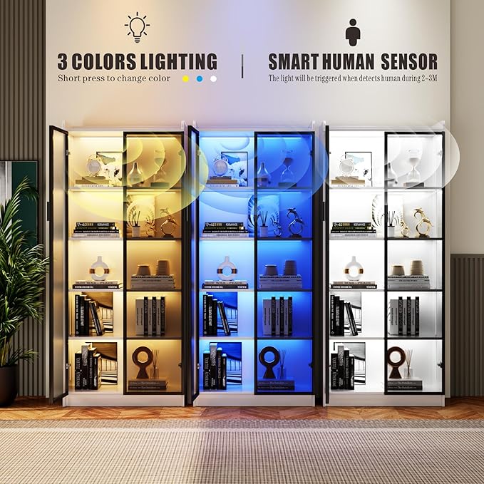 Dystler Display Cabinet with Doors and Adjustable Shelves, 65" Tall Bookcase with LED Lights/Human Sensor, 5 Tier Display Case for Collectibles Bedroom Living Room Office, White