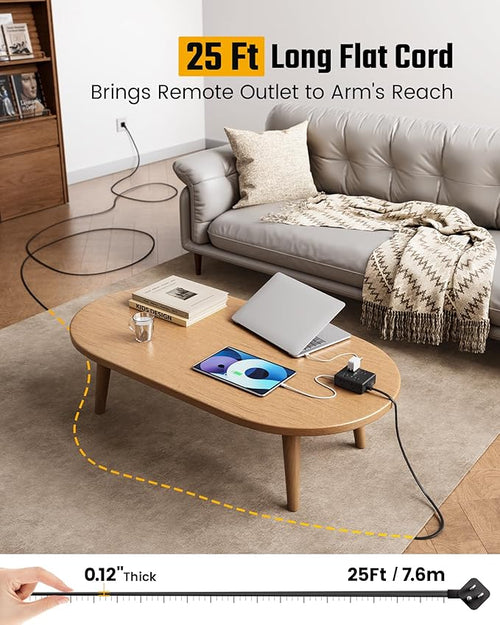 25Ft Long Extension Cord, Flat Plug Power Strip Surge Protector, 8 Outlet 4 USB Ports (2 USB C), Wall Mountable, Desk Charging Station for Home Office, College Dorm Room Essentials (Black)