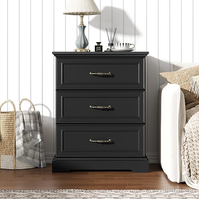 Nightstand with 3 Large Drawers,24" Wide End Table with Metal Handles,Rustic Farmhouse Wood Small Dresser,Bedside Table,Modern Chest of Drawers for Bedroom,Living Room,Black