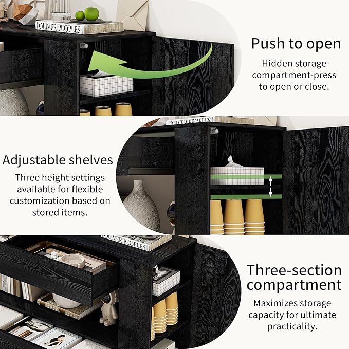 Vavkorkula TV Stand for 65 Inch with 2 Large Drawers & Hidden Storage Cabinets, Modern Farmhouse Entertainment Center Television Stands for Living Room Bedroom, Black