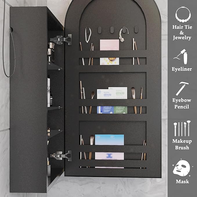 Arched Medicine Cabinet with Mirror,Bathroom Medicine Cabinet Wall Mounted,Bathroom Vanity Mirror with Storage 2 Power Outlets,Mirrored Cabinet with Adjustable Shelf, 20X34 Inch Black